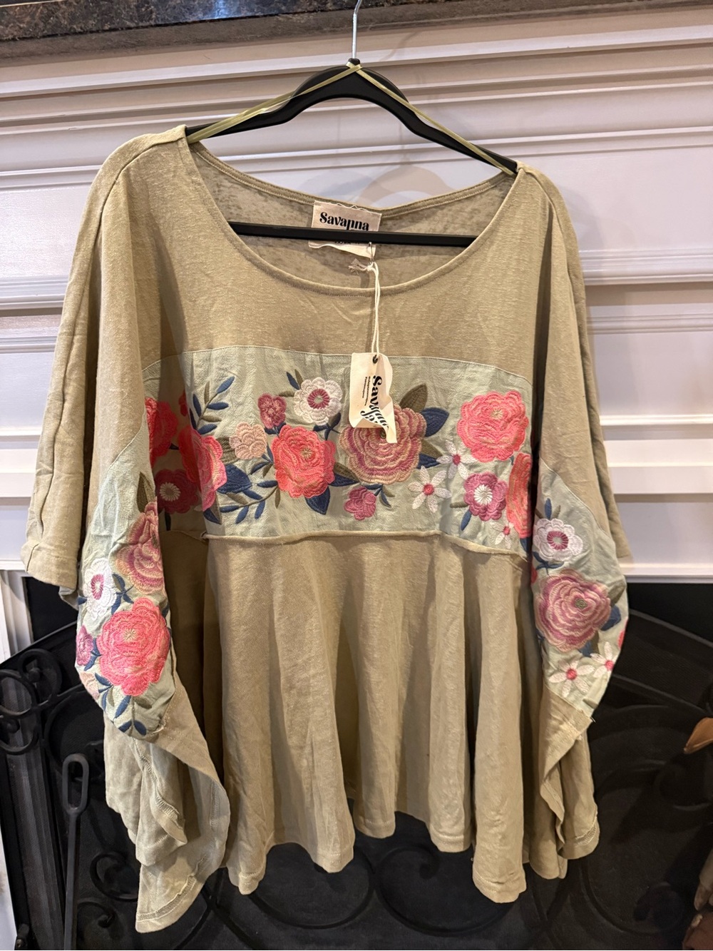 Savanna Jane sage Tunic with Pink Rose Embroidery